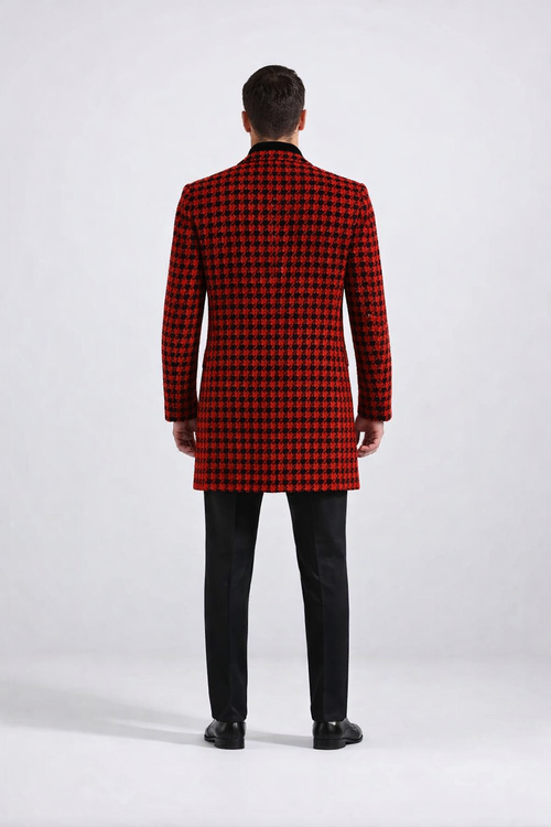 Men Houndstooth Lapel Collar Single Breasted Tweed Overcoat Black and Red