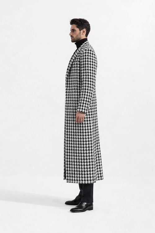 Men Houndstooth Lapel Collar Tweed Overcoat Three Quarter or Full Length Wool Fabric