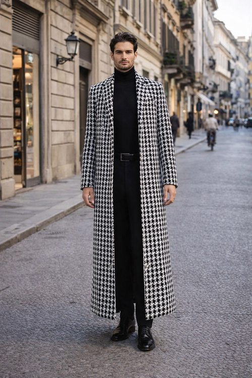 Men Houndstooth Lapel Collar Tweed Overcoat Three Quarter or Full Length Wool Fabric