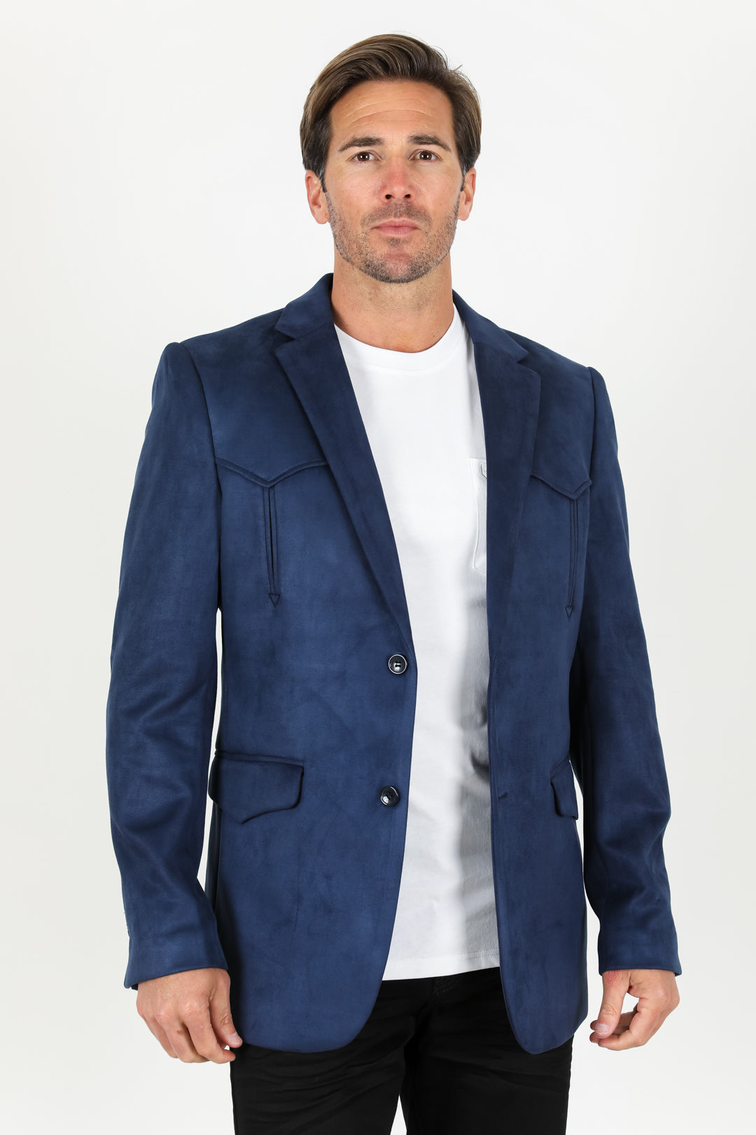 Men’s Navy Faux Suede Blazer – Double Button Smart Casual Jacket