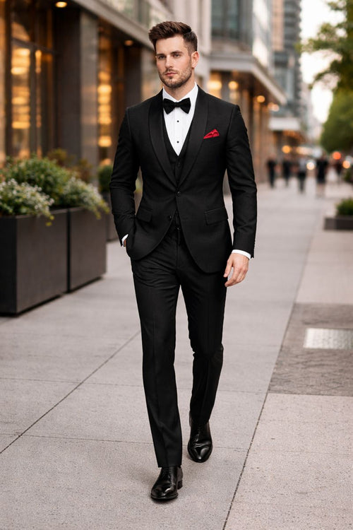 Men One Button Floral All Black Tuxedo with Shawl Lapel 3 Piece-New Designer Collection