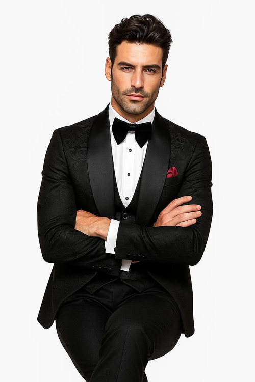 Men One Button Floral All Black Tuxedo with Shawl Lapel β 3 Piece