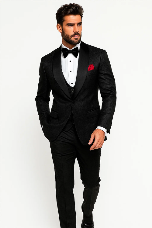 Men One Button Floral All Black Tuxedo with Shawl Lapel β 3 Piece