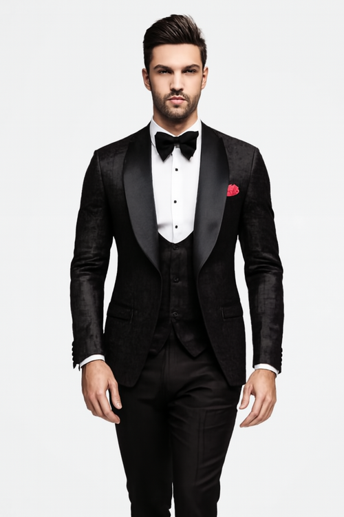 Men One Button Floral All Black Tuxedo with Shawl Lapel β 3 Piece