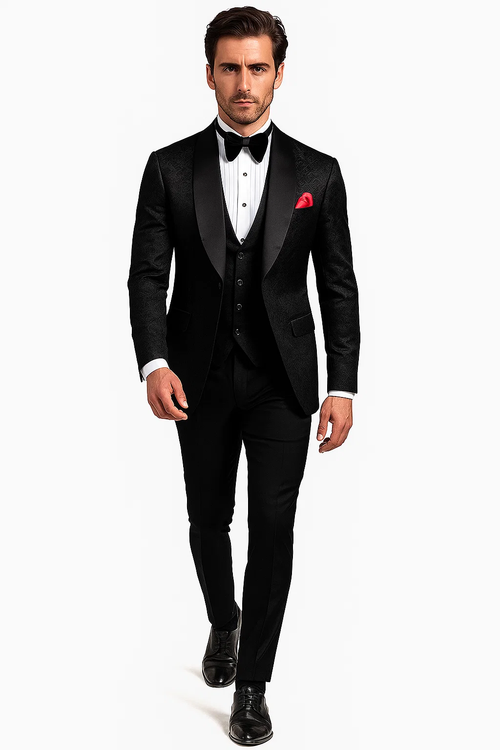 Men One Button Floral All Black Tuxedo with Shawl Lapel β 3 Piece