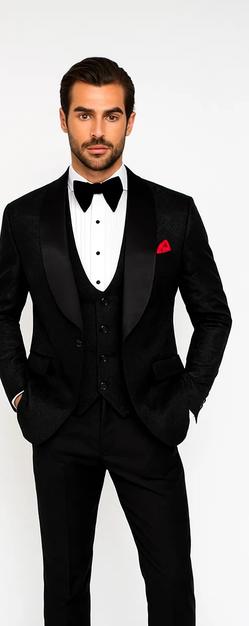 Men One Button Floral All Black Tuxedo with Shawl Lapel β 3 Piece