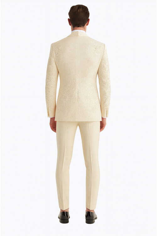 Men One Button Floral All Champagne Tuxedo 3 Piece-New Designer Collection