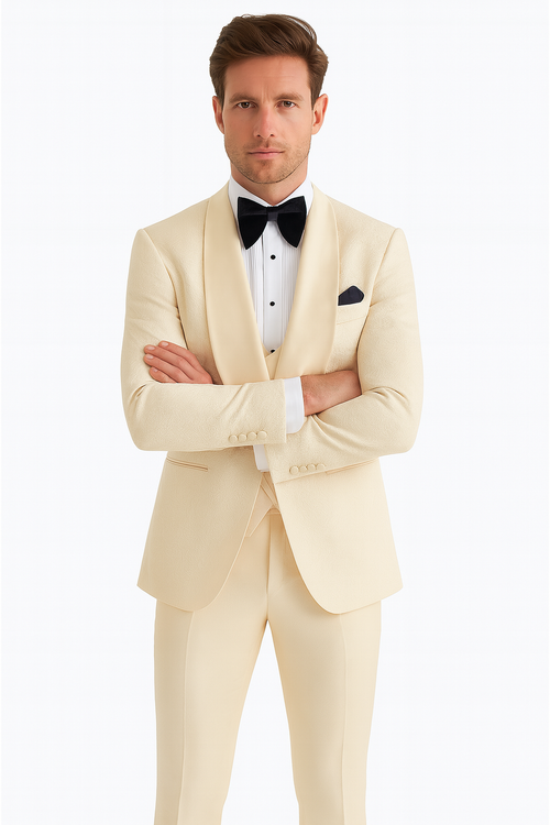 Men One Button Floral All Champagne Tuxedo 3 Piece-New Designer Collection