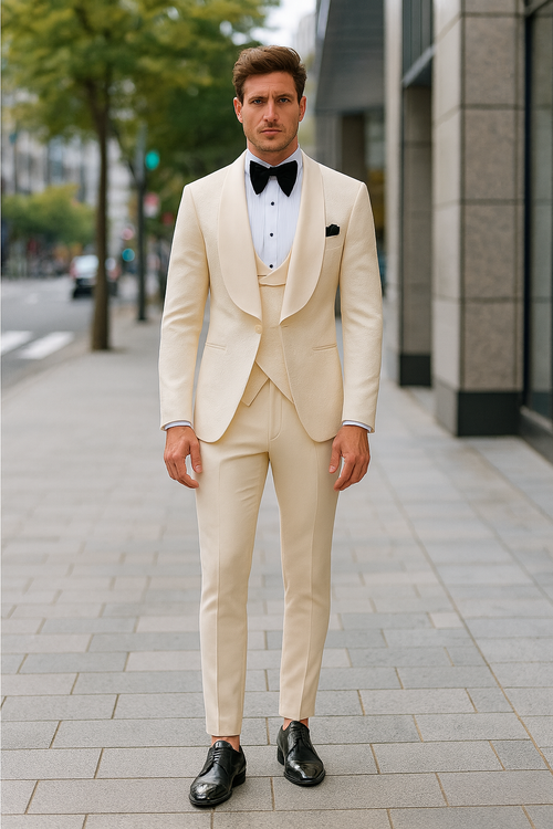 Men One Button Floral All Champagne Tuxedo 3 Piece-New Designer Collection