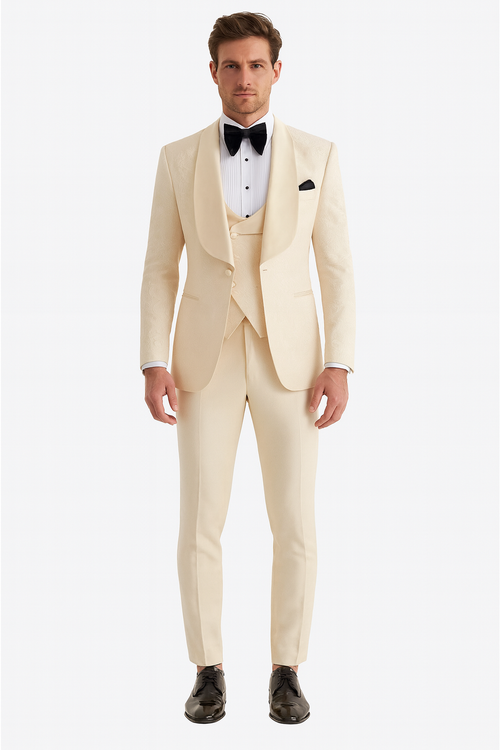 Men One Button Floral All Champagne Tuxedo 3 Piece-New Designer Collection