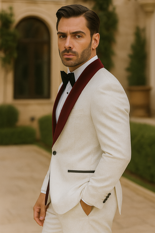Men One Button Floral White and Burgundy Tuxedo 3 Piece