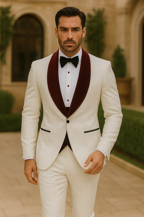 Men One Button Floral White and Burgundy Tuxedo 3 Piece