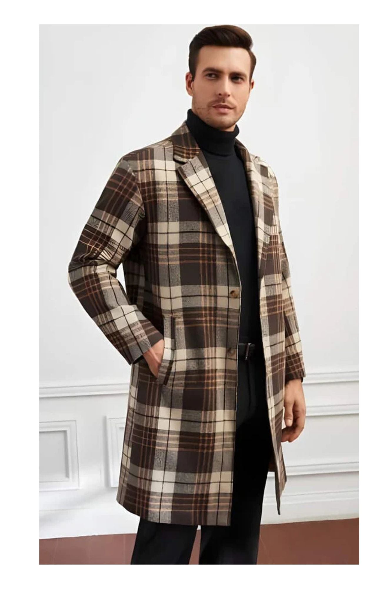 Men Plaid Lapel Neck Slant Pockets Overcoat - Coat Size 38