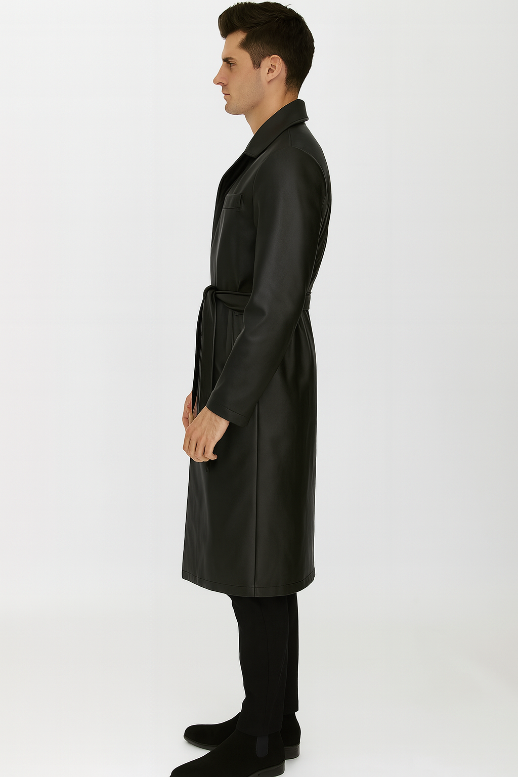 Men’s Black PU Belted Trench Coat – Long Leather Look Overcoat Full length - Small