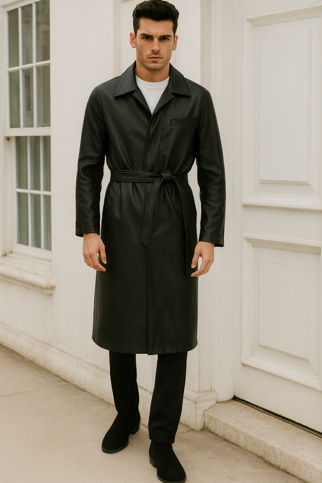 Men’s Black PU Belted Trench Coat – Long Leather Look Overcoat Full length - Small