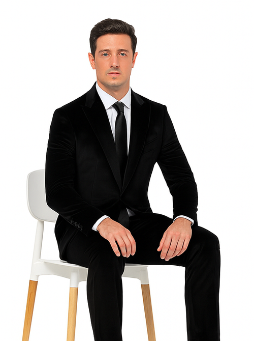 Mens Black Velvet Tuxedo Suit – Tazzio 2-Piece Slim Fit Peak Lapel Formalwear