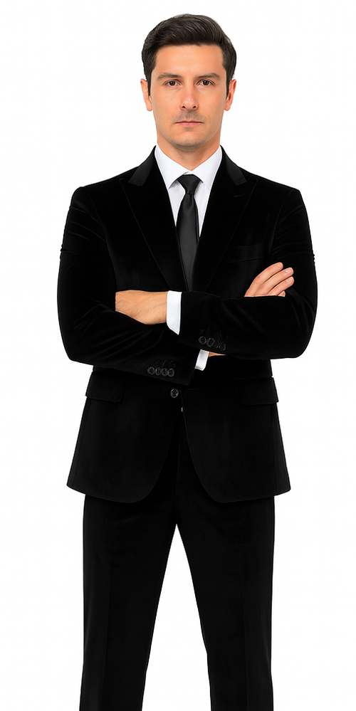 Mens Black Velvet Tuxedo Suit – Tazzio 2-Piece Slim Fit Peak Lapel Formalwear