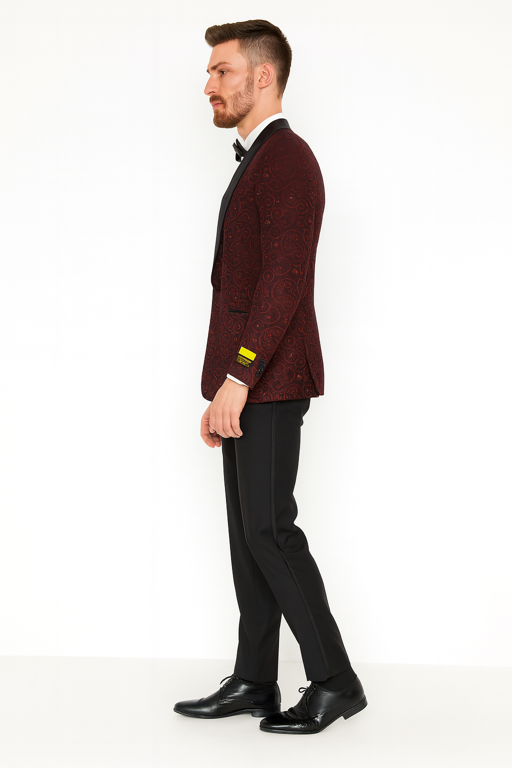 Men’s Burgundy Paisley Tuxedo Jacket – Slim Fit Dinner Blazer with Black Satin Lapel With Bowtie - Small