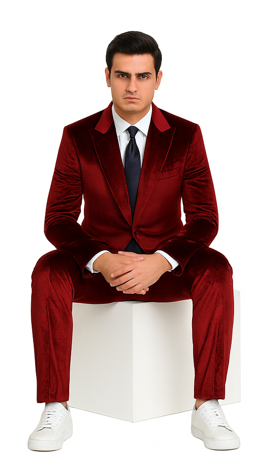 Men’s Burgundy Velvet Suit – Tazzio 2-Piece Slim Fit Peak Lapel Formalwear Set - 34 Short or Extra Small