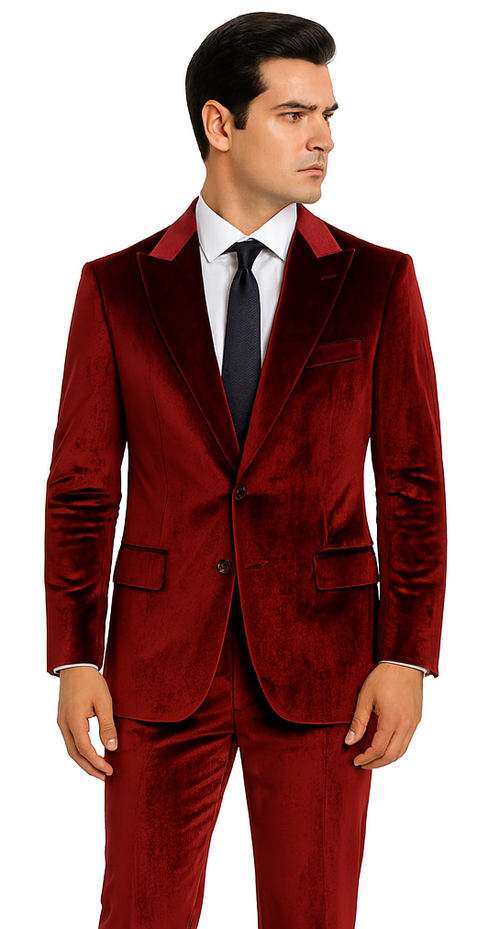 Mens Burgundy Velvet Suit | Tazzio 2-Piece Slim Fit Peak Lapel Formalwear Set