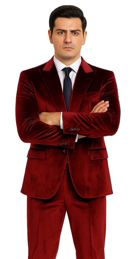 Mens Burgundy Velvet Suit | Tazzio 2-Piece Slim Fit Peak Lapel Formalwear Set