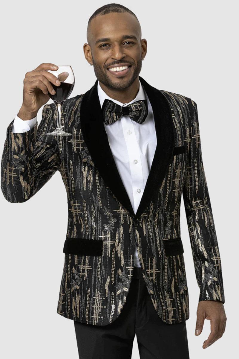 Men's EJ Samuel Slim Black & Gold Tux Jacket w/ Velvet Lapel - Black / Gold