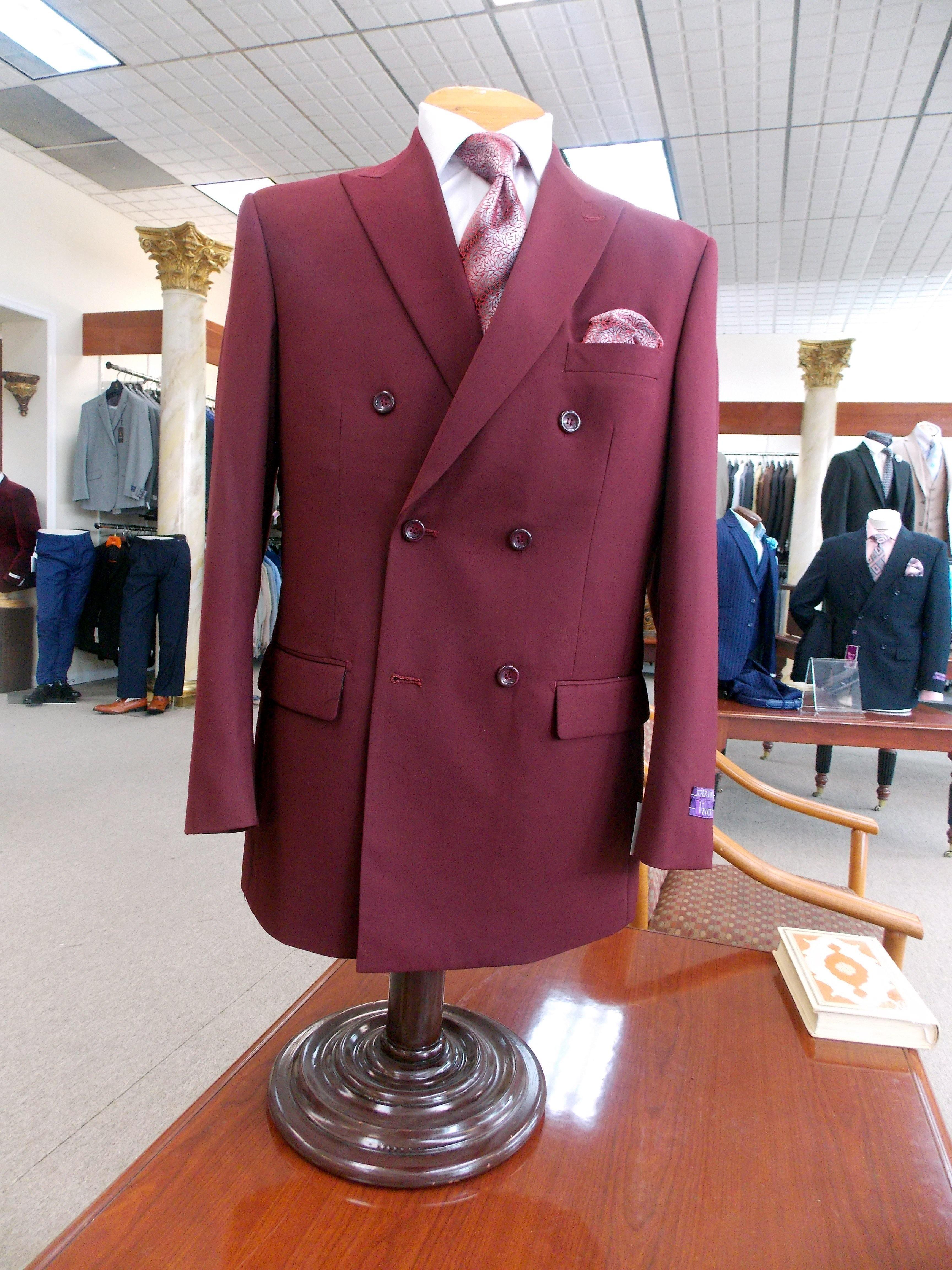 Burgundy Double Breasted Regular Fit Suit - 40 Short - 34 Waist