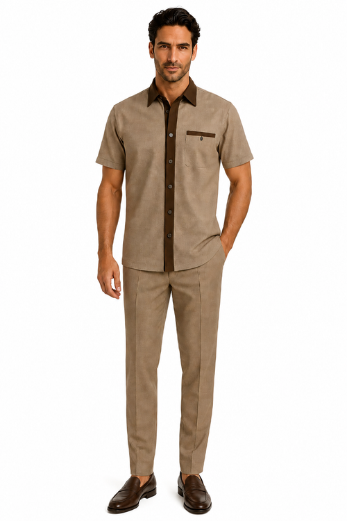 Mens Houndstooth Walking Suit by Dreams by Zacchi – 2 Piece Lei sure Set in brown/tan- $99