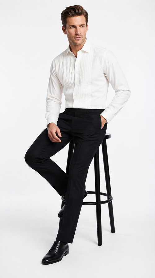 Mens Ivory Cream Off White Pleated Tuxedo Dress Shirt | French Cuff Formal Wedding Shirt