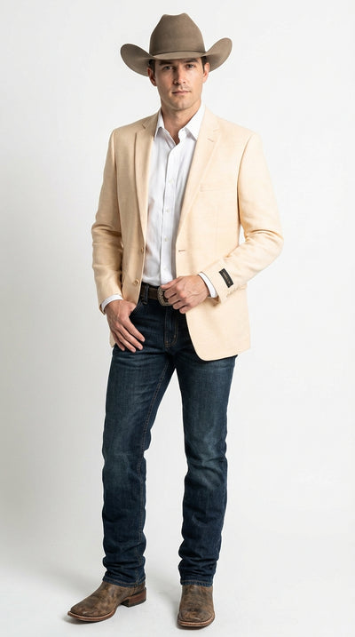 Mens Light Tan Peachish Champaign Cowboy Blazer Western Style Sport Coat Jacket for Country Wedding, Rodeo