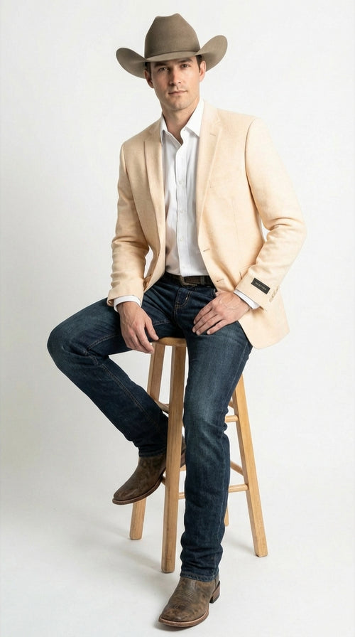 Mens Light Tan Peachish Champaign Cowboy Blazer Western Style Sport Coat Jacket for Country Wedding, Rodeo