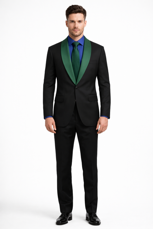 Black and Hunter Green Lapel Tuxedo Vested Shawl Collar Wedding Prom Suit
