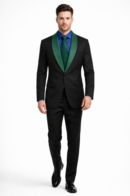 Black and Hunter Green Lapel Tuxedo Vested Shawl Collar Wedding Prom Suit