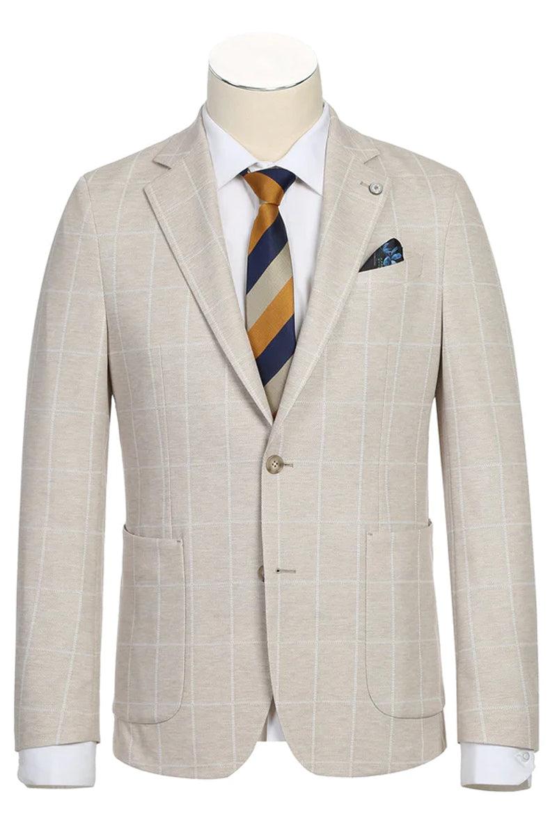 "Sophisticated Style for Prom and Weddings: Men's Unconstructed Pelago Blazer in Light Tan Windowpane Plaid" - Tan