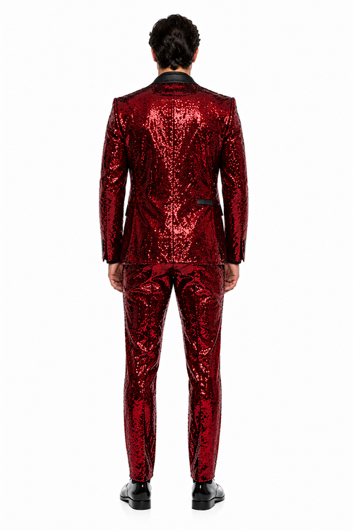 Mens Red Sequin Tuxedo Suit with Black Lapel Luxury Slim Fit Blazer and Pants Set Matching