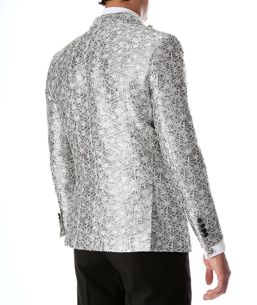 Men's Rene Abstract Silver Modern Fit Shawl Collar Tuxedo Blazer - Young Man’s Prom 2026 Wear