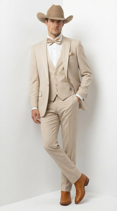 Mens Tan Cowboy Three Piece Suit Western Style Wedding and Formal Vested Suit