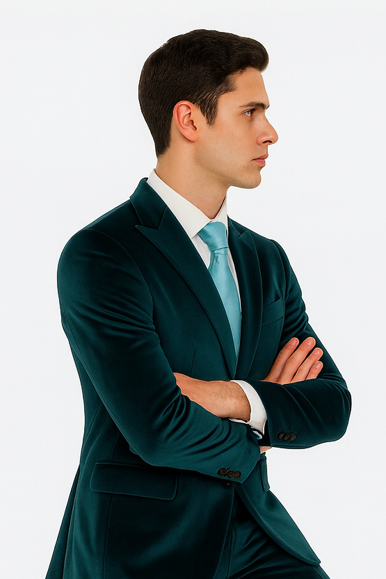 Men’s Teal Velvet Suit – Tazzio 2-Piece Slim Fit Peak Lapel Formalwear - 34 Short or Extra Small