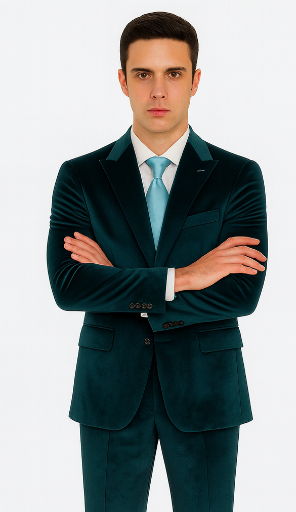 Men’s Teal Velvet Suit – Tazzio 2-Piece Slim Fit Peak Lapel Formalwear - 34 Short or Extra Small