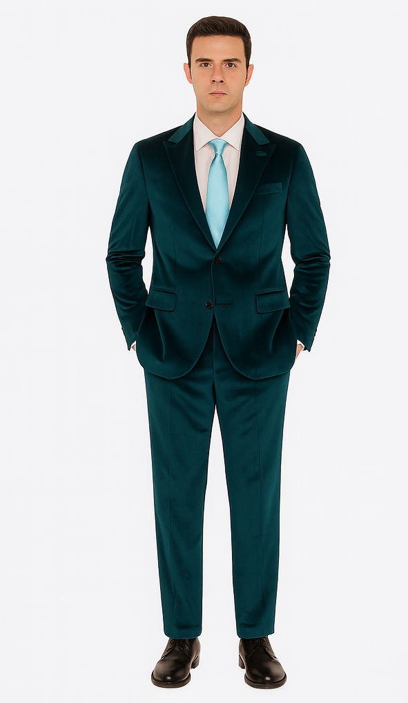 Men’s Teal Velvet Suit – Tazzio 2-Piece Slim Fit Peak Lapel Formalwear - 34 Short or Extra Small