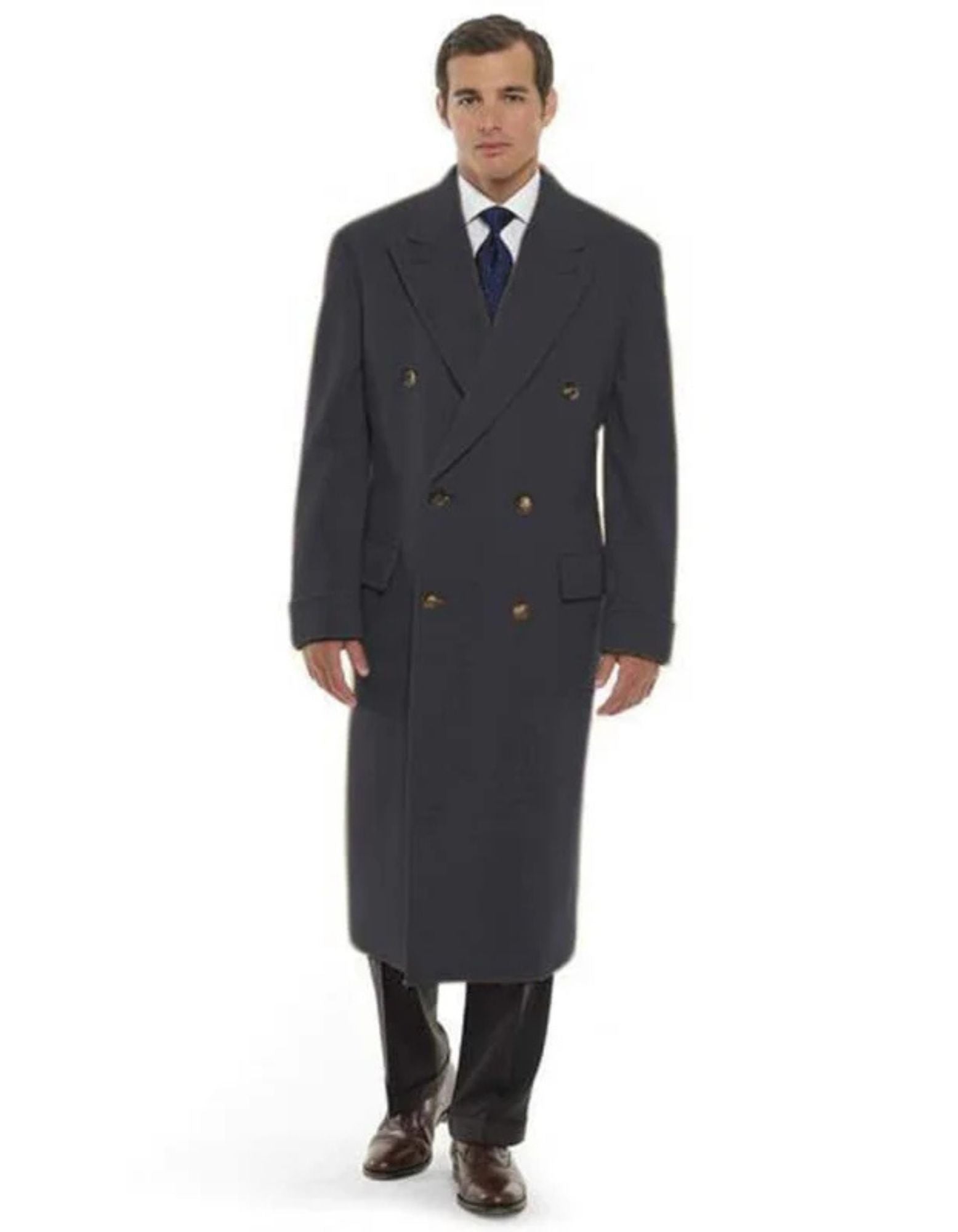 Men's Dress Coat 44 Inch Long Length Charcoal Double Breasted Wool Blend Overcoat - Coat Size 38