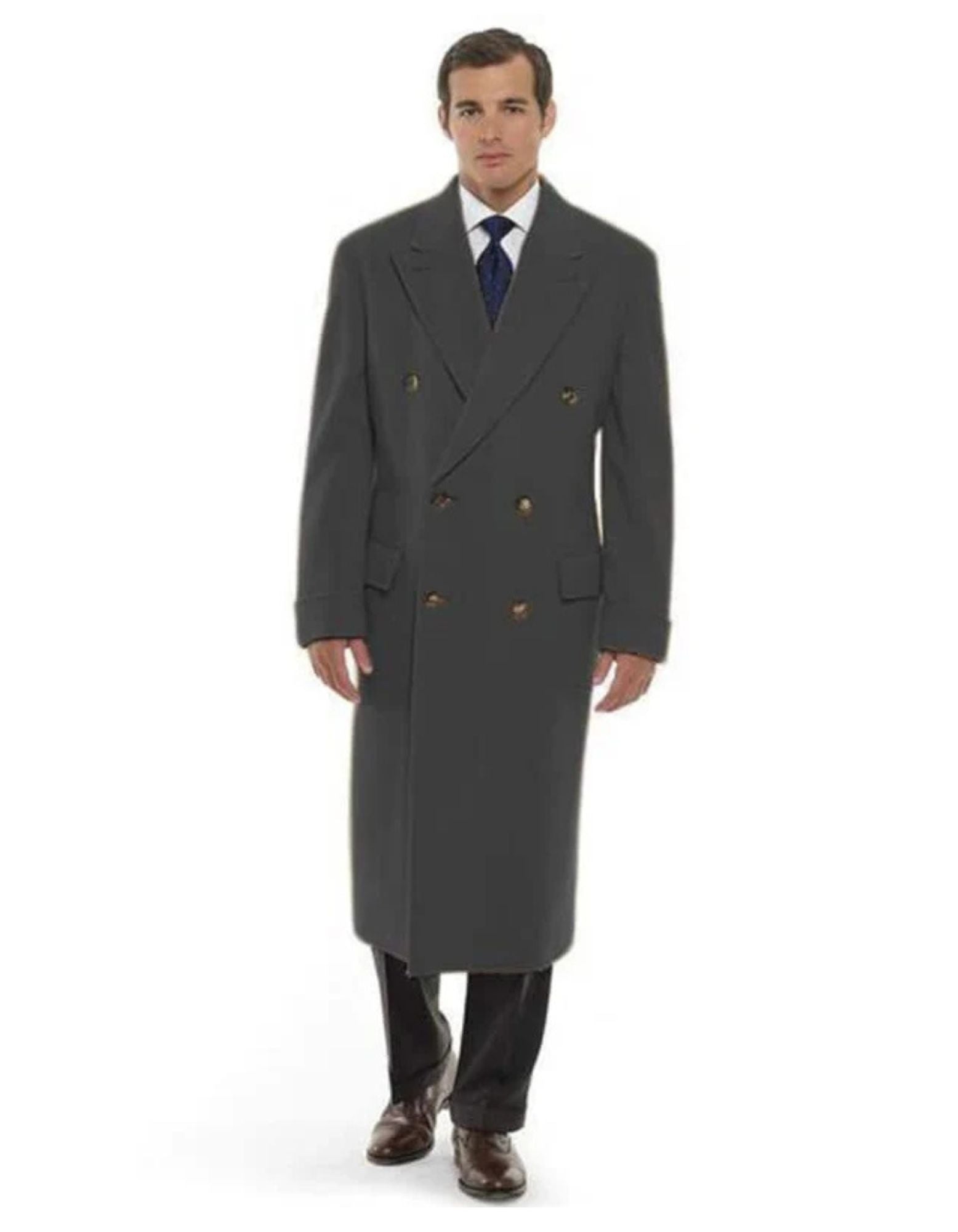 Men's Dress Coat 44 Inch Long Length Dark Grey Double Breasted Wool Blend Overcoat - Coat Size 38