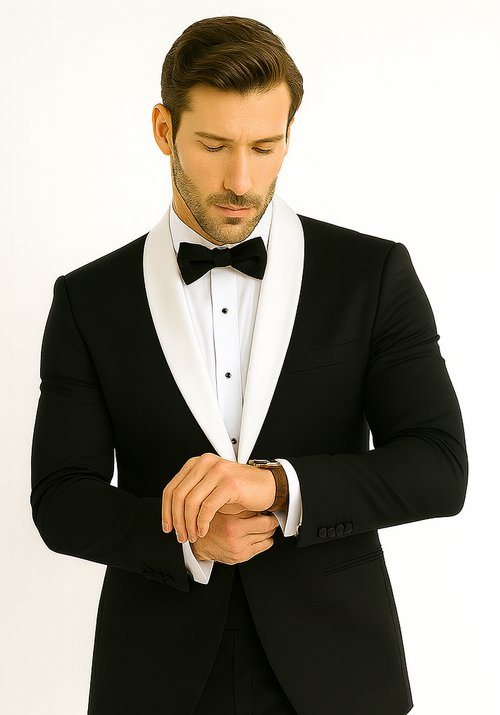 Men's 1 Button Contrast Shawl Tuxedo in Black & White
