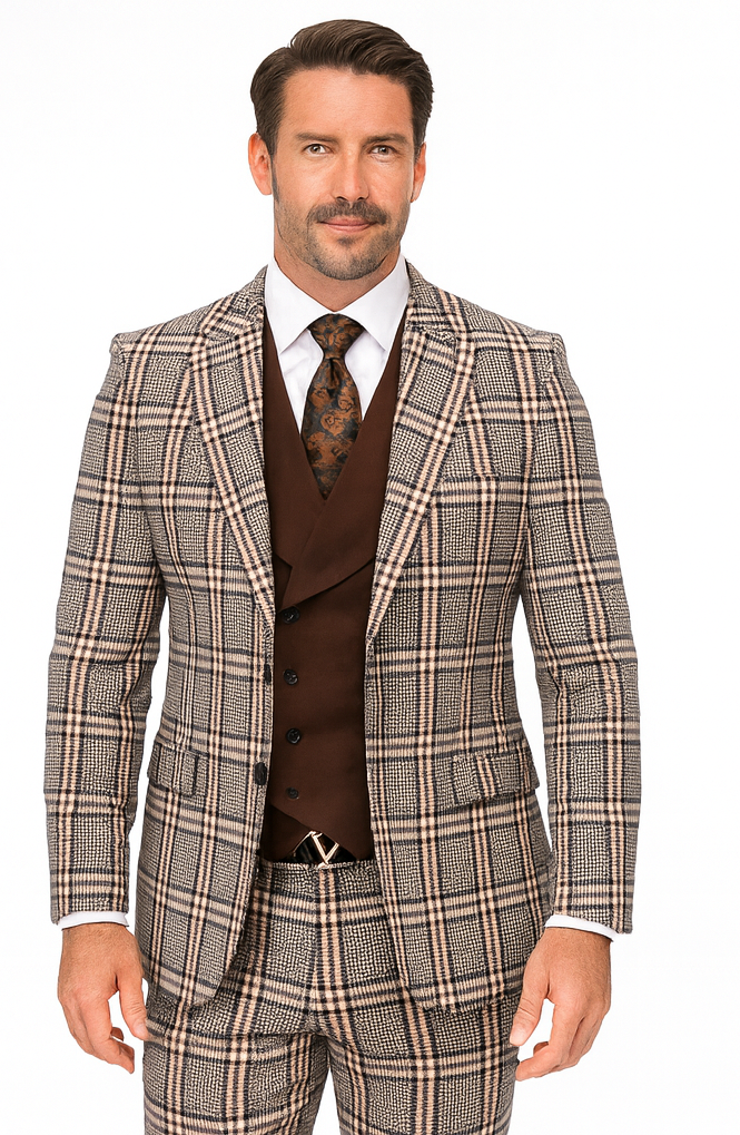 Tan Plaid Suit - Camel Khaki Color Windowpane Pattern Suit - Wool Suit - Double Breasted Vest Peak Lapel Side Vented Modern Fit - Coat Size 38