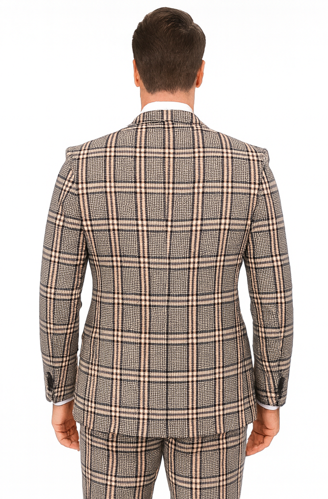 Tan Plaid Suit - Camel Khaki Color Windowpane Pattern Suit - Wool Suit - Double Breasted Vest Peak Lapel Side Vented Modern Fit - Coat Size 38