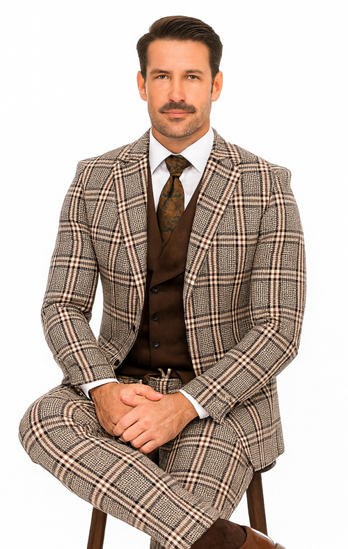 Tan Plaid Suit - Camel Khaki Color Windowpane Pattern Suit - Wool Suit - Double Breasted Vest Peak Lapel Side Vented Modern Fit