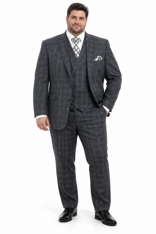 "Grey Windowpane Plaid Men's Double Breasted 2 Button Vest Suit"