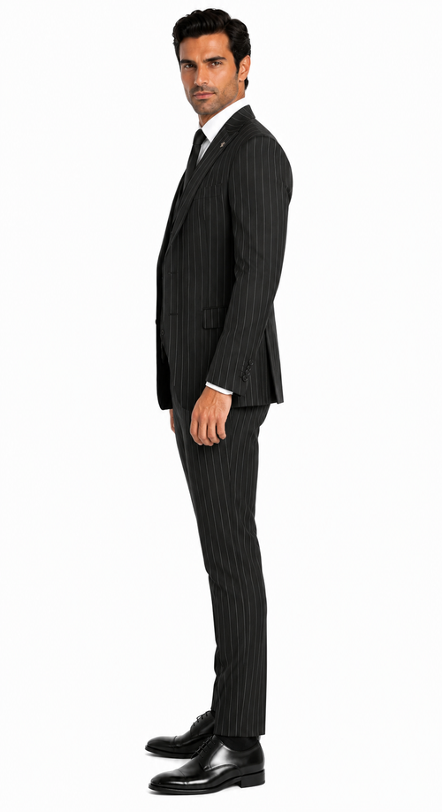 Mens 2 Button Gangster Pinstripe Pattern homecoming Suit in Black - New Arrival