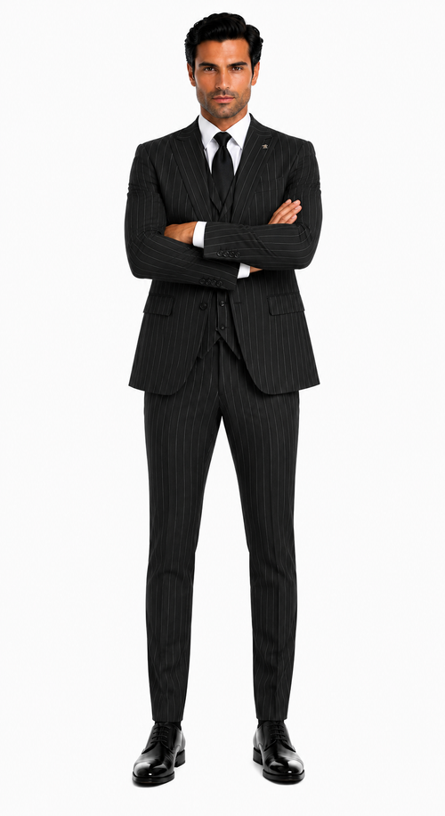 Mens 2 Button Gangster Pinstripe Pattern homecoming Suit in Black - New Arrival