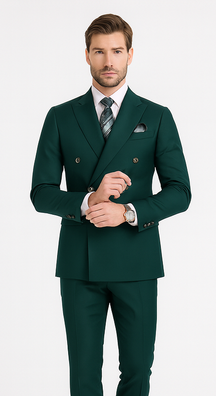 Mens Designer Double Breasted Wool Suit with Gold Buttons in Hunter Green - 38 Short Jacket+32 Waist Adjustable 28to34)(Height: 5 4 to5 7 )(Neck 15-16.5)S-M)